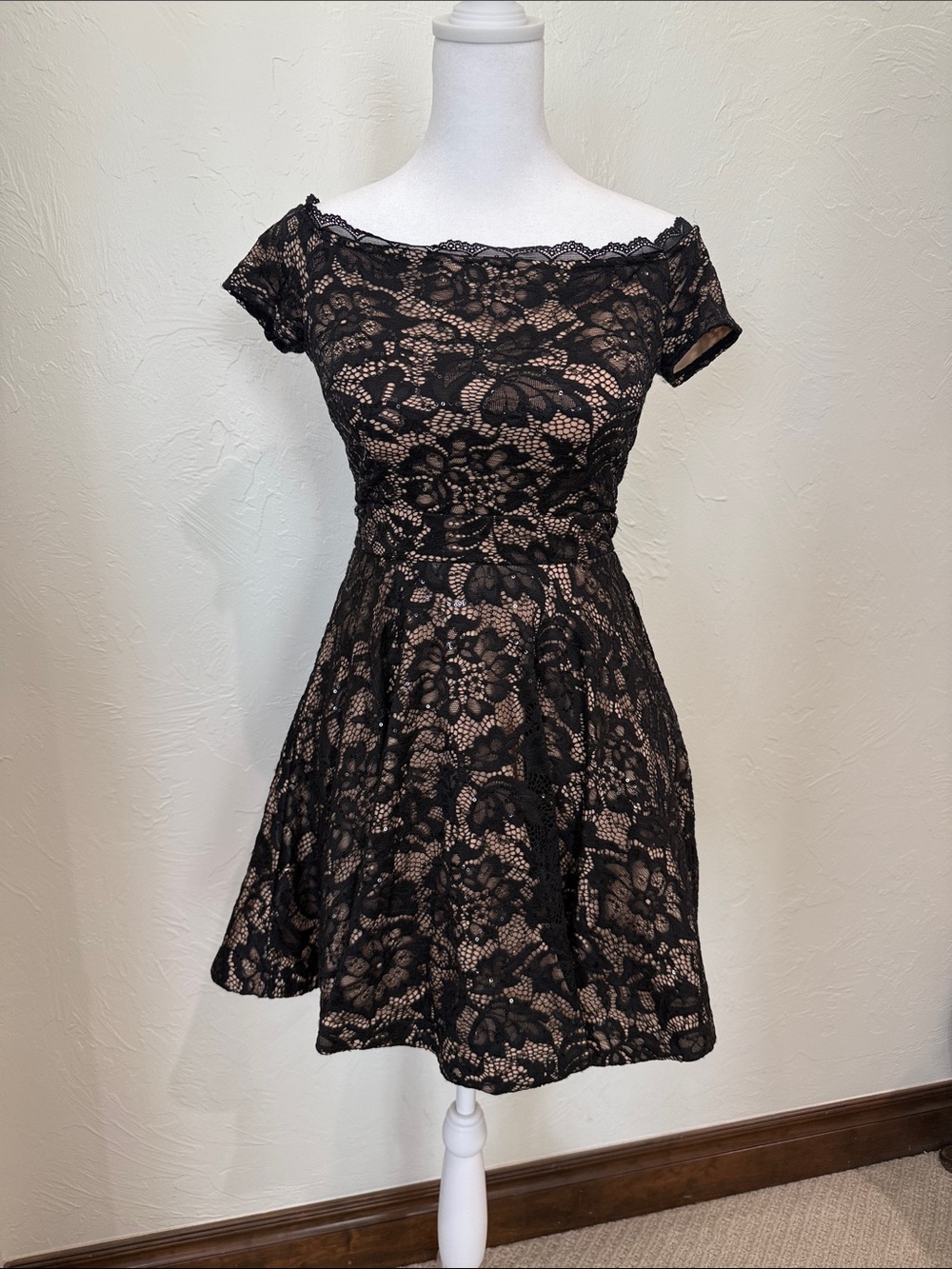 B. Darlin Black Lace Overlay Fit-and-Flare Dress